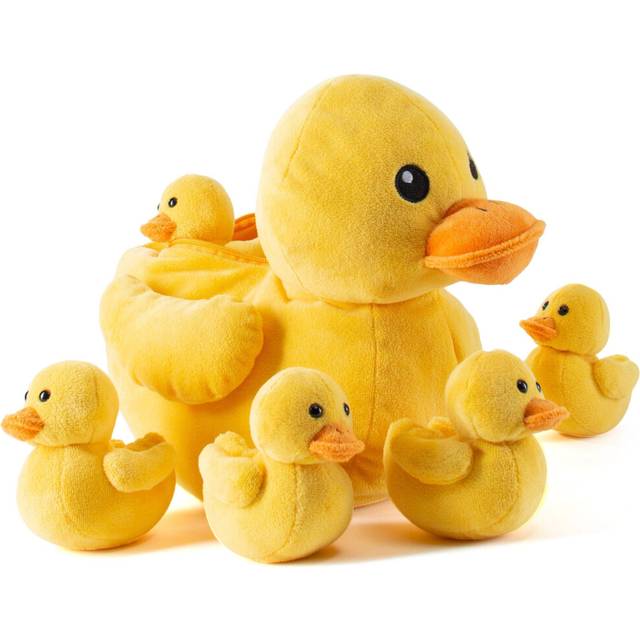 Prextex Duck Family Adventure Plush - 6pcs Playset With 5 Cute Baby Ducklings, Fluffy Cuddly Stuffed Animal, Yellow Soft Toy, Great Gift, Stocking