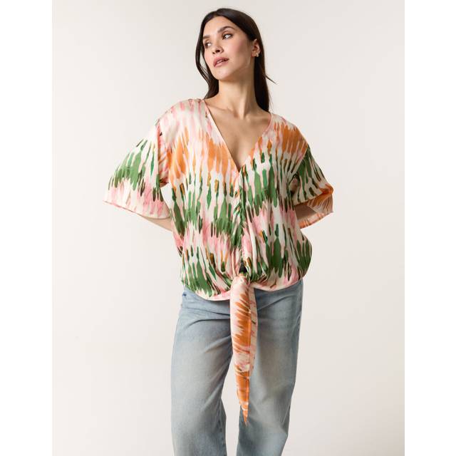 Blue Vanilla Multi Satin Tie Front Blouse - s/m