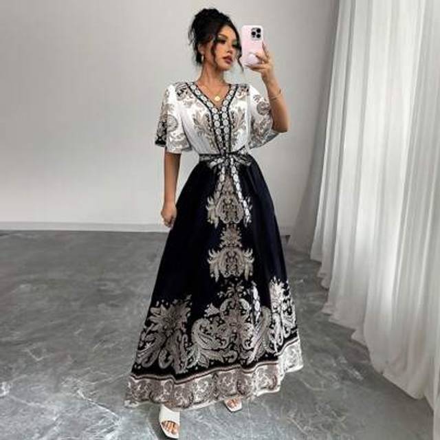 Rafferiza Women&#39;s Summer Vacation Loose Fit Short Sleeve Floral Print A-Line Long Dress