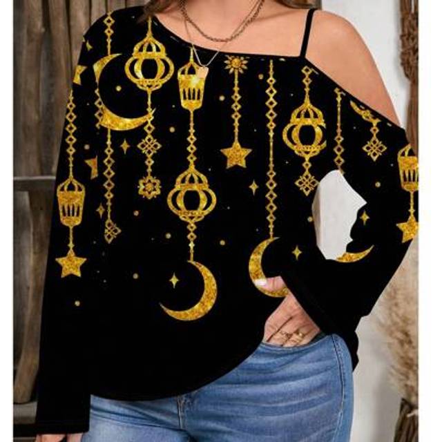 Plus Size Women Casual Lantern & Moon Print Off Shoulder T-shirt, vår/höst - Multifärgad (0XL,1XL,2XL,3XL,4XL,5XL)