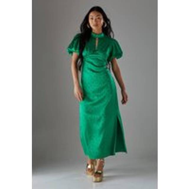 Womens Petite Rose Satin Jacquard Puff Sleeve Tie Back Midi Dress - bright green - Bright Green - 16