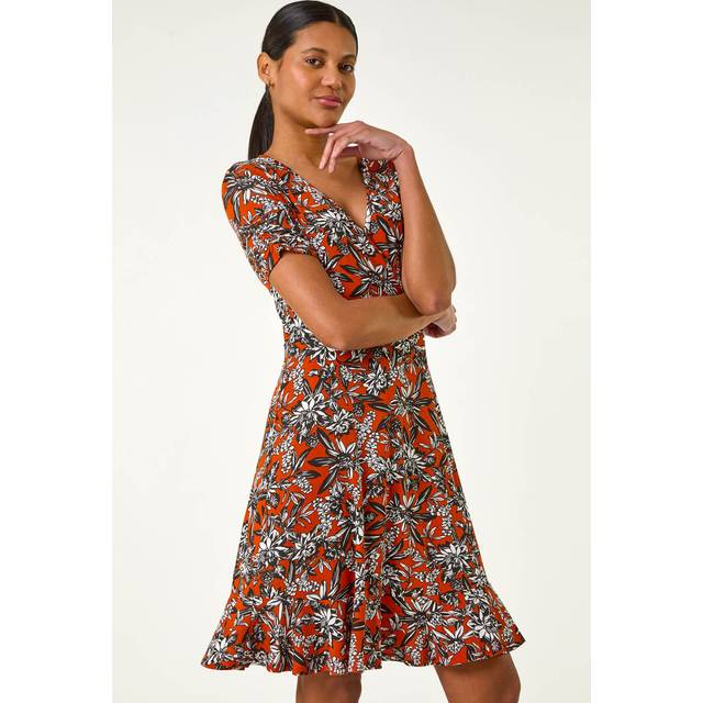 Floral Print V-Neck Wrap Stretch Dress - Rust - 18