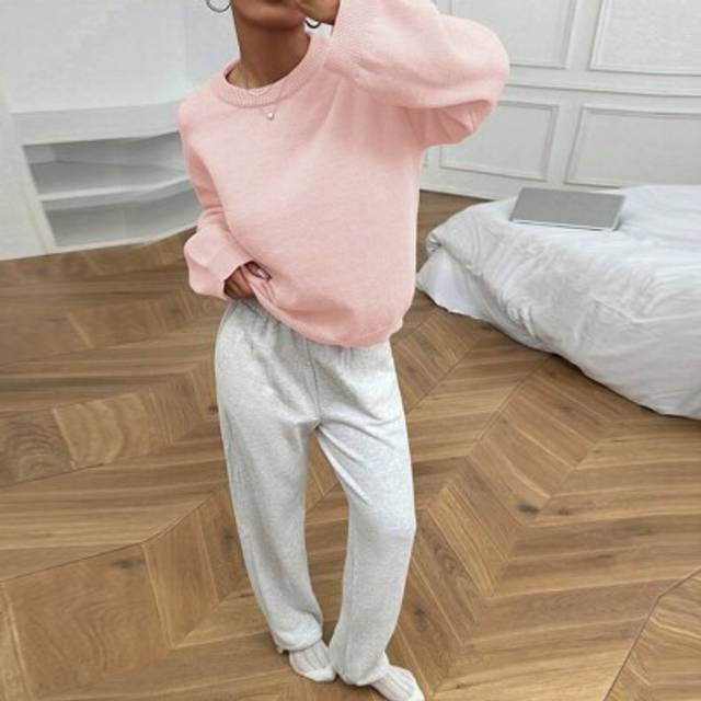 Flirla Women&#39;S Plain Crew Neck Long Sleeve Casual Pullover Sweater