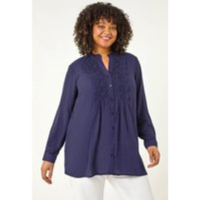 Lace Trim Pintuck Blouse - Navy - 16