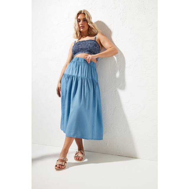 Yours Curve Blue Chambray Tiered Midi Skirt, Women's Curve & Plus Size, Yours - 22-24