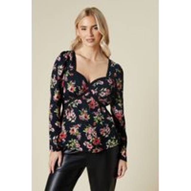 Womens Black ditsy floral lace front long sleeve blouse - 8