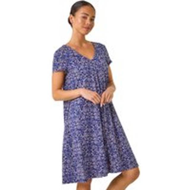 Roman Petite Navy Stretch V-Neck Swing Pocket Dress - Size 14