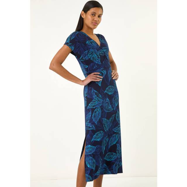 Roman Leaf Print Ruched Midi T-Shirt Dress In Navy - 14