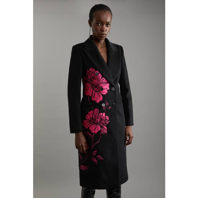 Karen Millen Women's Wool Blend Satin Applique Embellished Double Breasted Tailored Midi Coat in Black | Size: 12