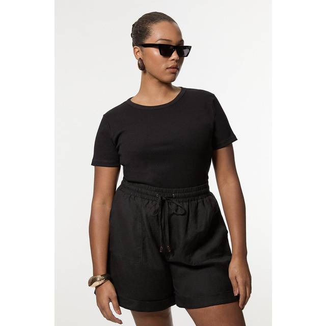 Plus Size Viscose Linen Tie Waist Woven Short - Black - 20