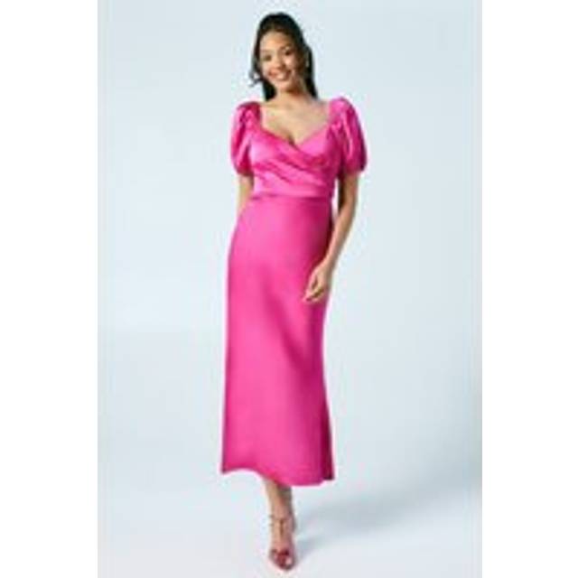 Puff Sleeve Satin Wrap Top Bridesmaids Dress - Bright Pink - 12