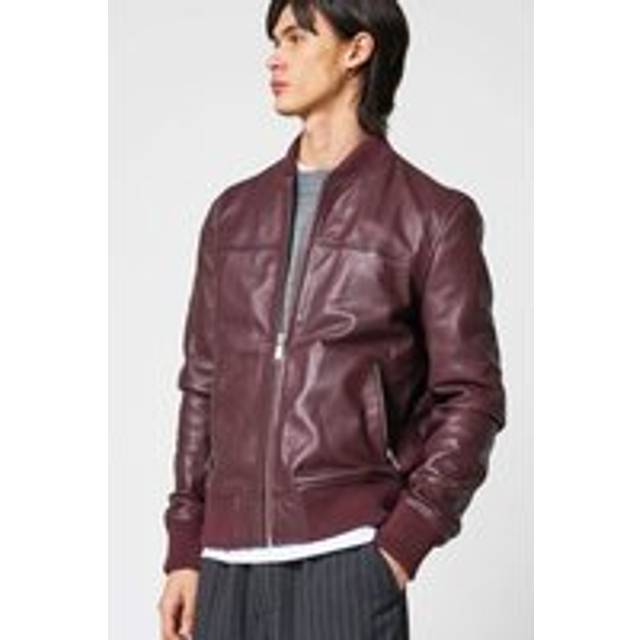Burgundy Real Leather Bomber Jacket - Red - XL