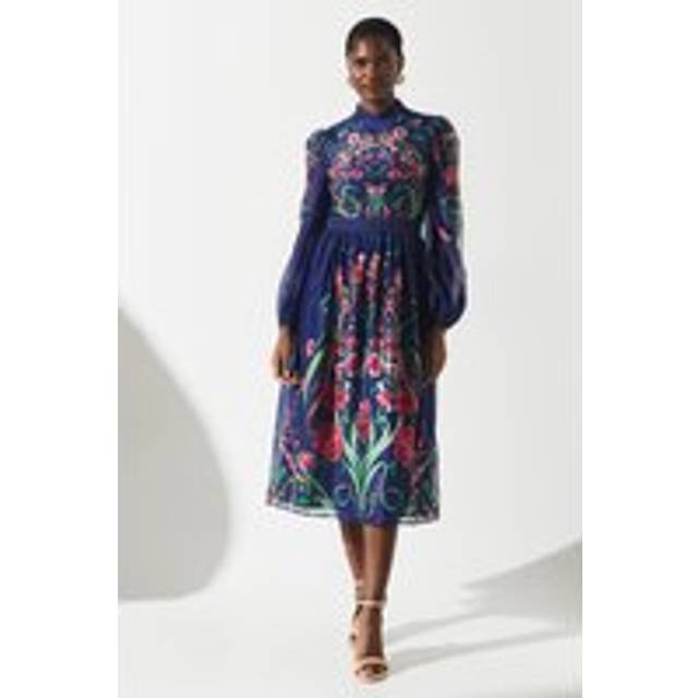 High Neck Lace Trim Organza Midi Dress - Multi - 10