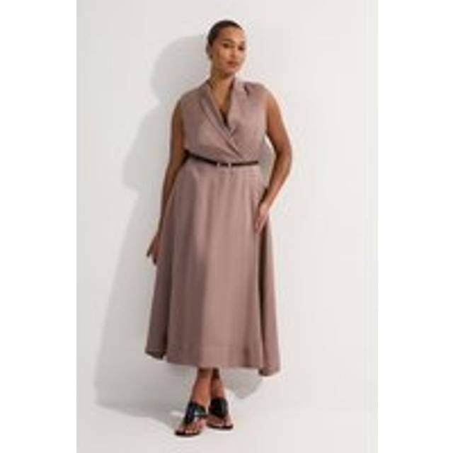 Plus Size Premium Viscose Linen Tailored Full Skirt Midi Dress - Taupe