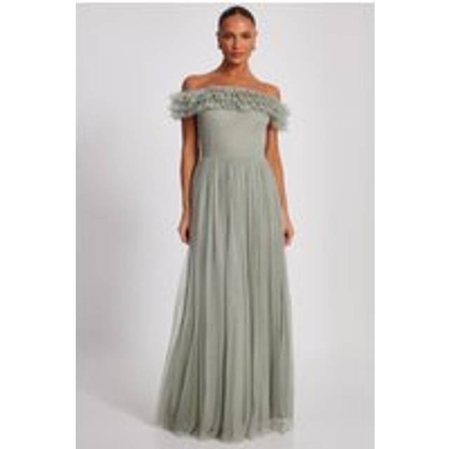 Womens Light Green Mesh Bardot Maxi Dress - 6