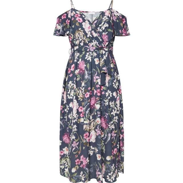 Yours London Curve Navy Blue Floral Cold Shoulder Wrap Dress, Women's Curve & Plus Size, Yours London - 22