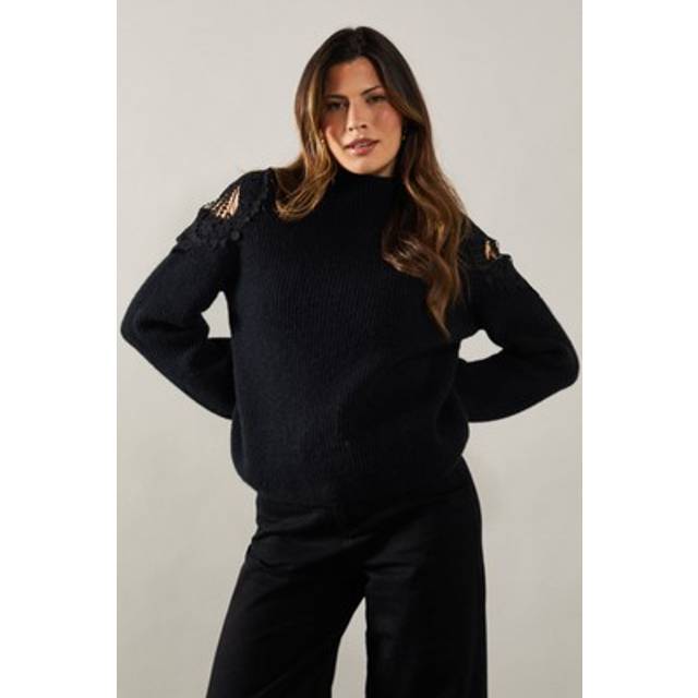Womens Lace Cold Shoulder Detail High Neck Jumper - Black