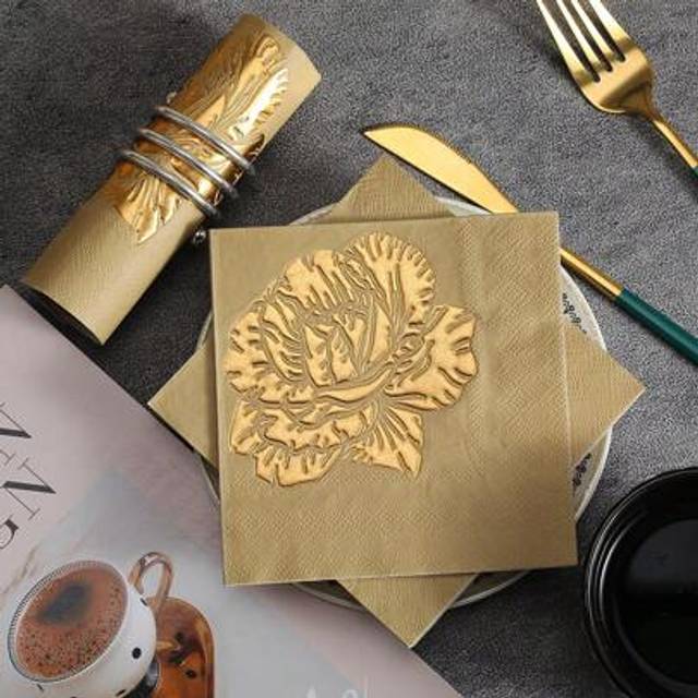 SHEIN 20pcs Golden Printed Paper Napkins Elegant Romantic Rose Tissue Paper Bathroom Towels Valentine Dinner Hand Napkins Decorative For Holiday Wedding Ann
