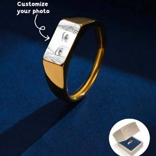 SHEIN Customize Eye Photo Stainless Steel Laser Engraved Picture Ring, Commemorative Gift. Available In Black, Silver, And Gold. Styles Include Fashion, Ret