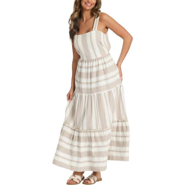 South Beach Square Neck Jacquard Maxi Dress - Beige, Beige, Size 10, Women