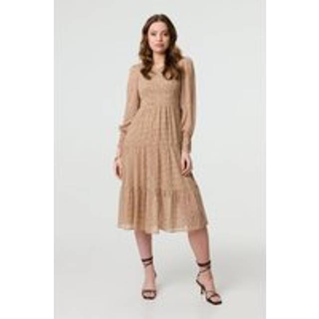 Izabel London Dot Print Semi Sheer Tiered Midi Dress - Beige - 18