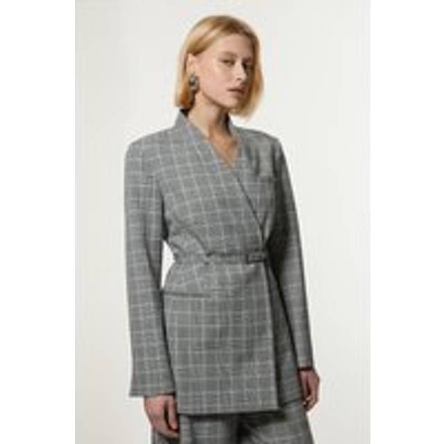 Grey Check Tailored Collarless Belted Blazer - Grey