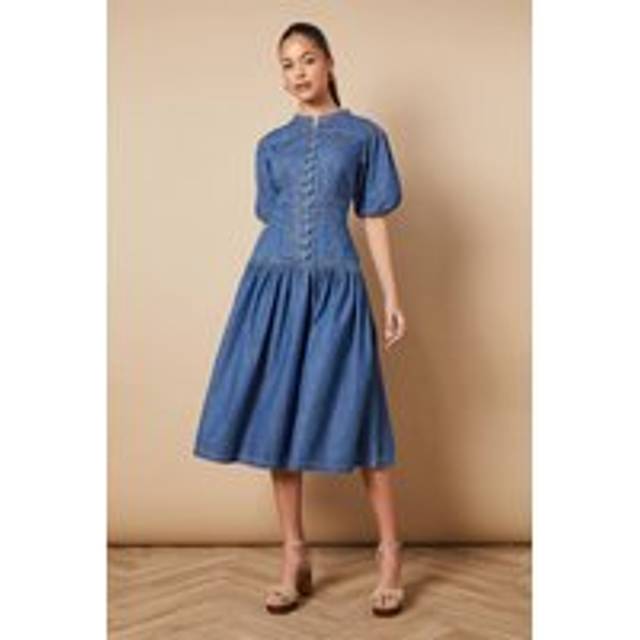 Drop Waist Button Up Denim Midi Dress - Dark Wash - 14,12,10,8