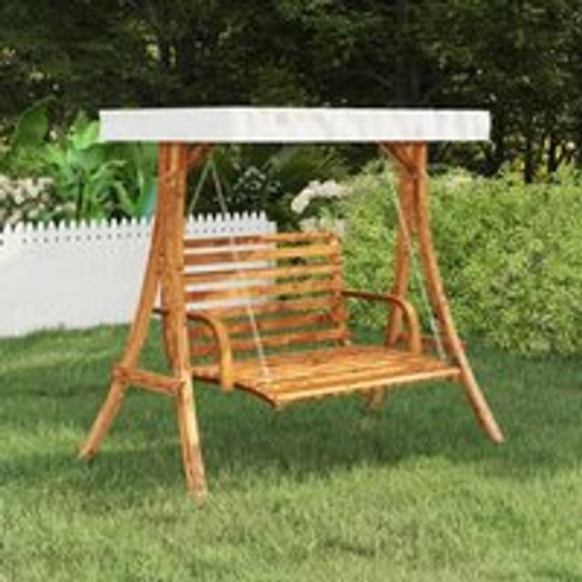 Swing Frame with Cream Roof Solid Bent Wood with Teak Finish - Brown - One Size