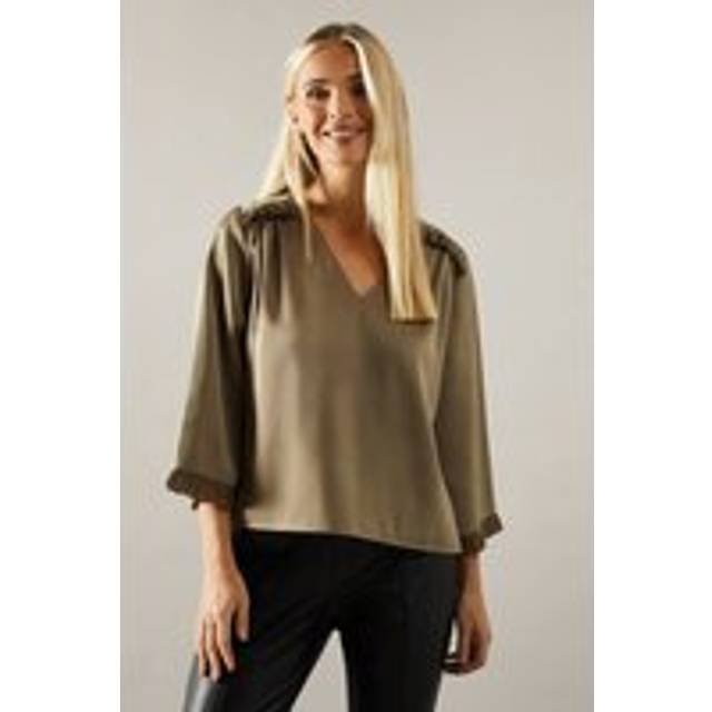 Womens Petite Satin Flute Sleeve Frill Detail Blouse - Olive - 16