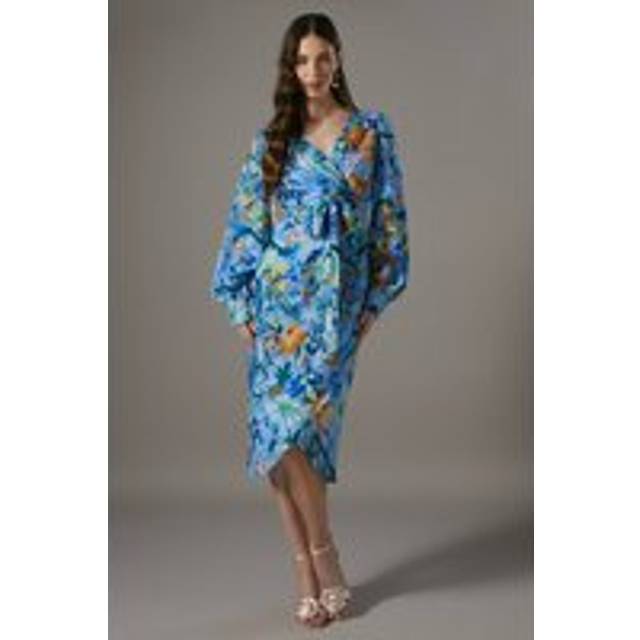 Printed Tie Front Wrap Jacquard Dress - Blue - 16