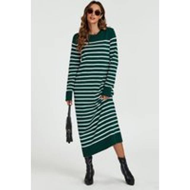 Stripe Pattern Knitted Tunic Jumper Dress In Dark Green - One Size