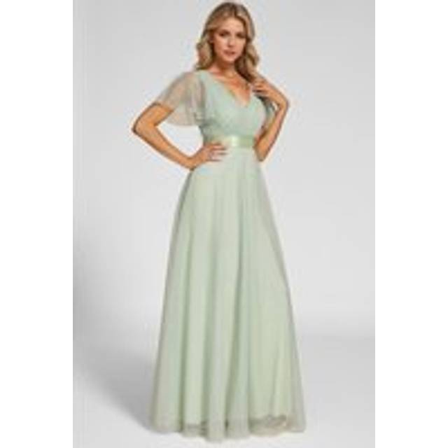 Elegant spring V Neck Ruffle Sleeve Ruched Empire Waist A line Maxi Evening Dress - Light Green - 12