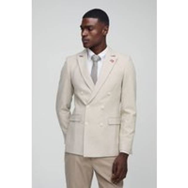 Slim Fit Double Breasted Textured Blazer - Beige - 42