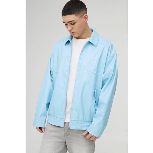 Mens Light Blue Official Oversized PU Embossed Collard Bomber Jacket
