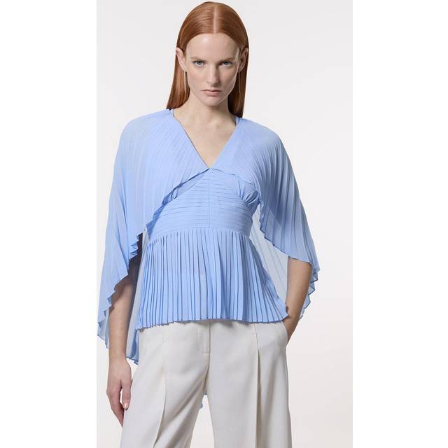 Pleated Cape Sleeve Plunge Neck Top - Blue
