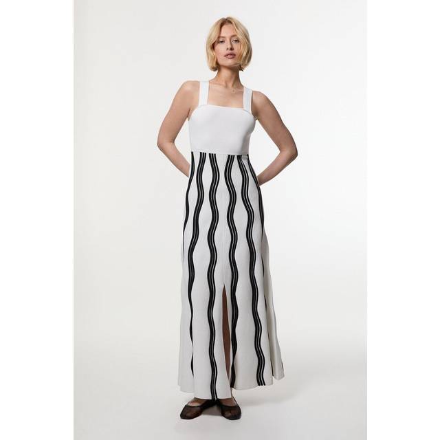 Contrast Wave Knit A-Line Knitted Strappy Dress - Cream