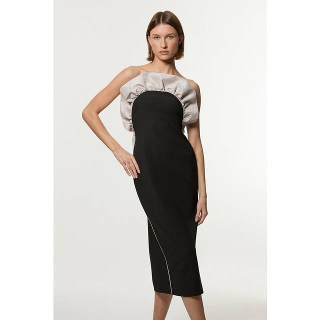 Tall Ruffle Taffeta Stretch Crepe Bandeau Tailored Midi Dress - Black