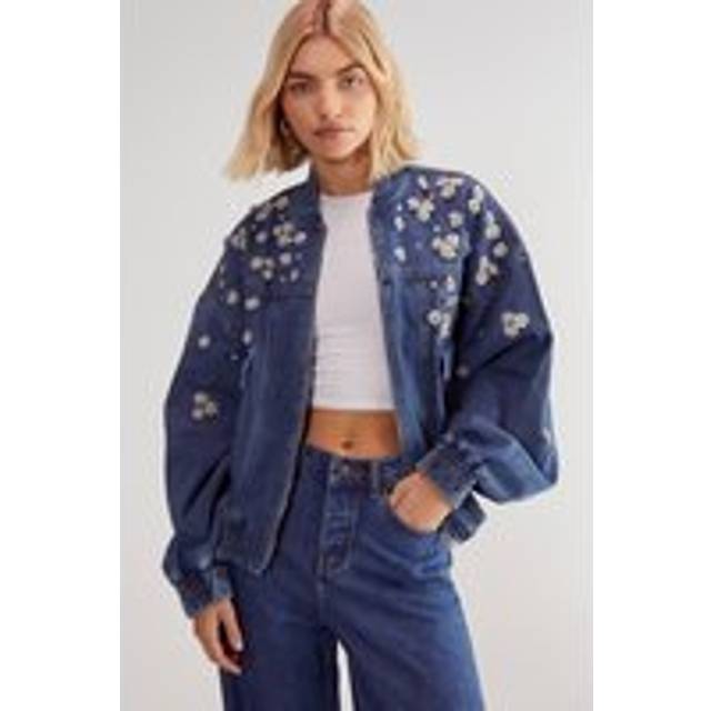 Womens Embellished Flower Applique Jacket - Blue - 4