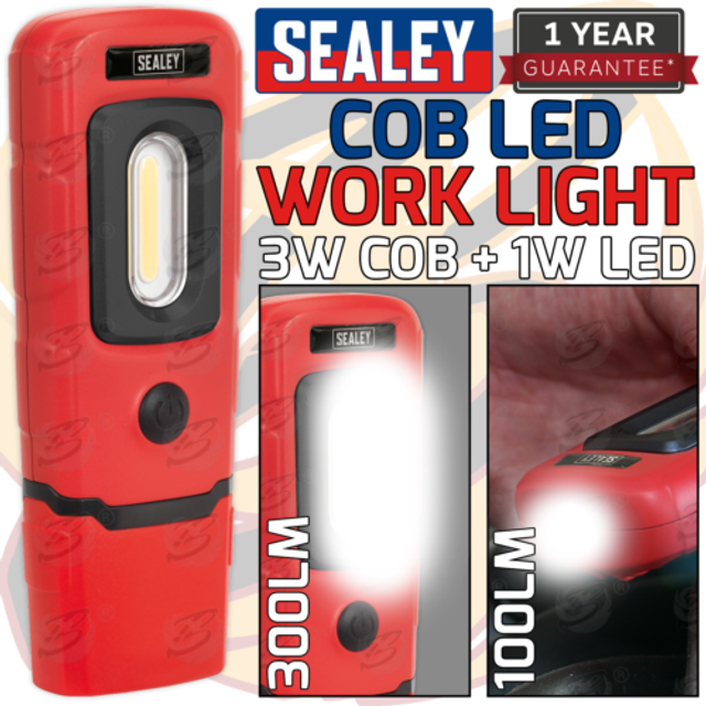 Sealey cob led work light torch li-polymer rechargeable cordless inspection red
