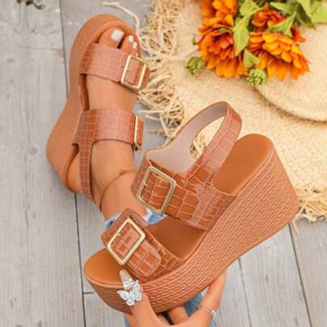 SHEIN New Chunky Heel Open Toe Wedge Sandals, Brown Stone Pattern Fashion Versatile High Heel Anti-Slip Peep Toe Platform Summer Shoes For Women