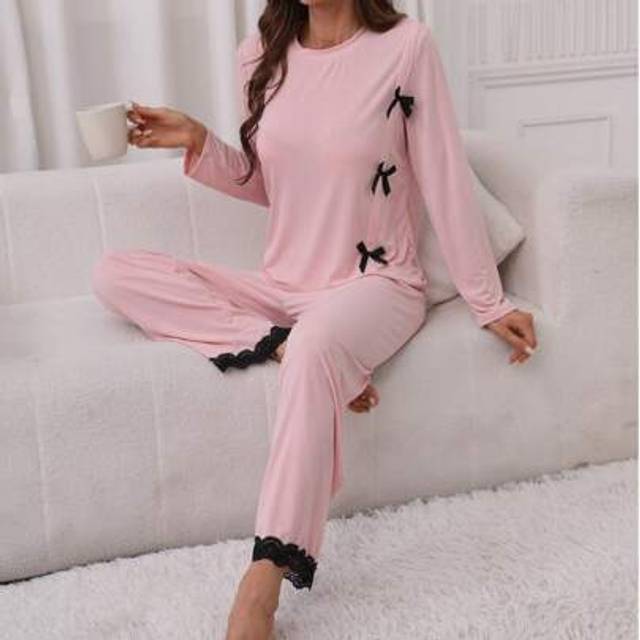 SHEIN Women&#39;s Fashion Lace Patchwork Bow Long Sleeve Top And Long Pant Pajama Set, Spring/Summer/Autumn