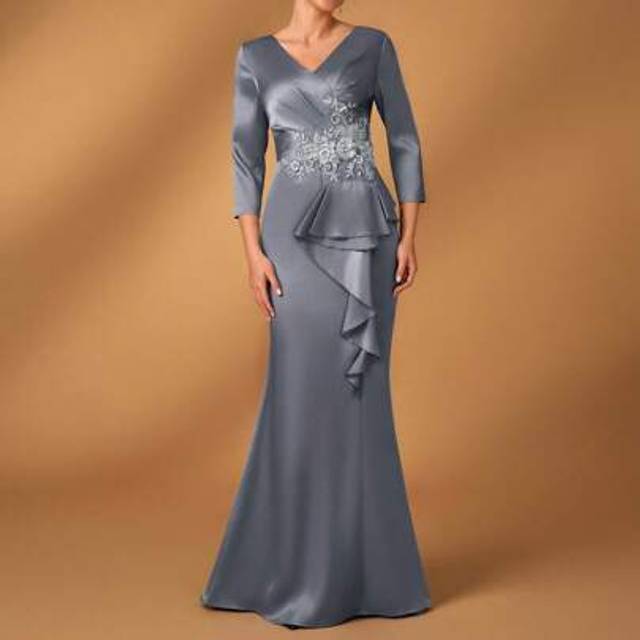 Serin Elegant Luxury Off-Shoulder Dress With Faux Pearl Embroidered Lace Appliques, Satin Ruffle Hem Design, Suitable For Weddings, Parties, Proms, Festival