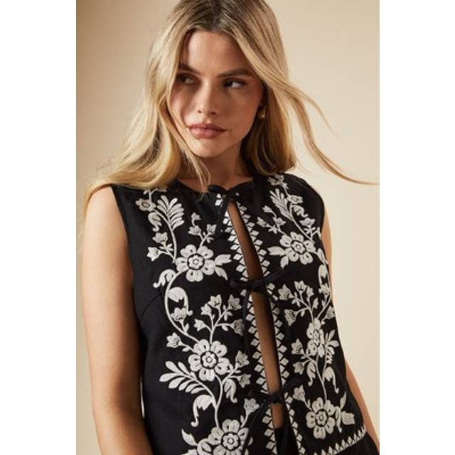 Womens Embroidered Tie Front Waistcoat - Black - 8