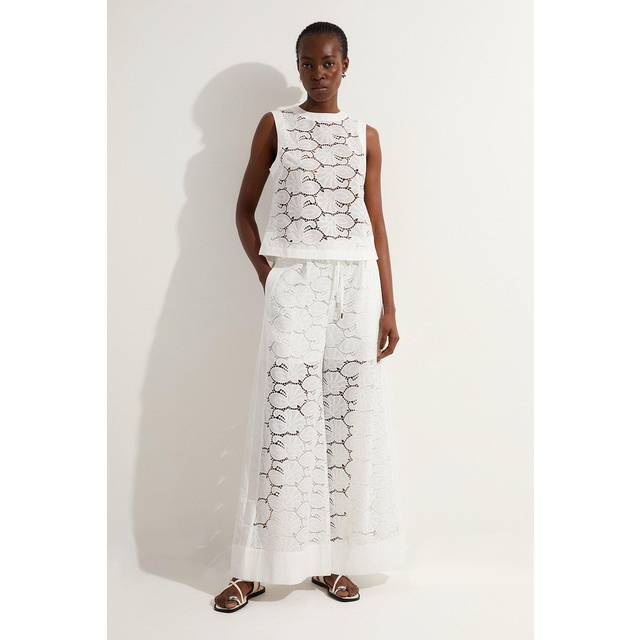 Tall Cotton Cutwork Panelled Woven Wide Leg Trouser - White