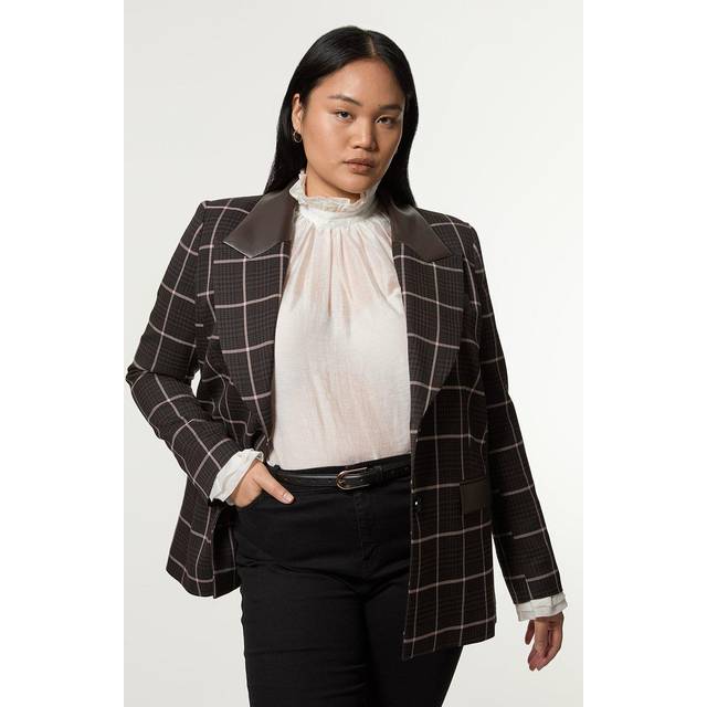 Plus Size Check Pu Mix Tailored Jacket - Brown
