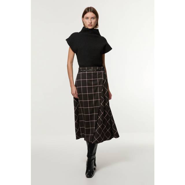 Petite Check Pleated Kilt Belted Midi Skirt - Brown
