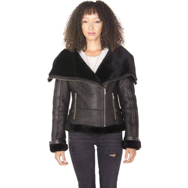 Womens Merino Sheepskin Aviator Leather Jacket-Petworth - Black - 8