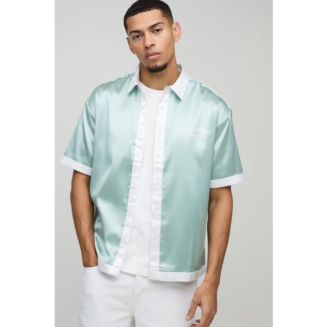 Oversized Amalfi Printed Satin Collared Shirt - Green - M
