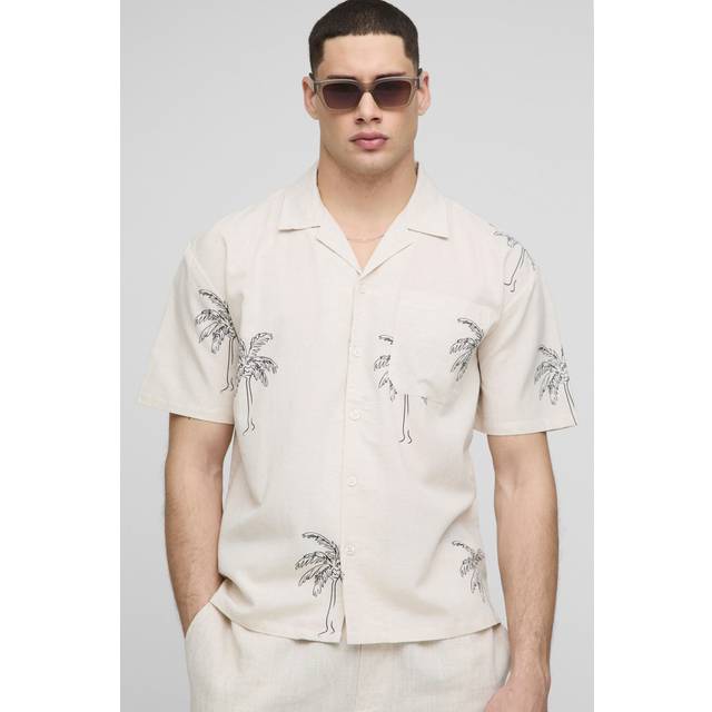 Mens Ecru Oversized Linen Blend Palm Printed Short Sleeve Shirt