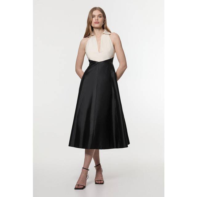 Taffeta Contrast Tux Tailored Full Skirted Shirt Dress - Mono